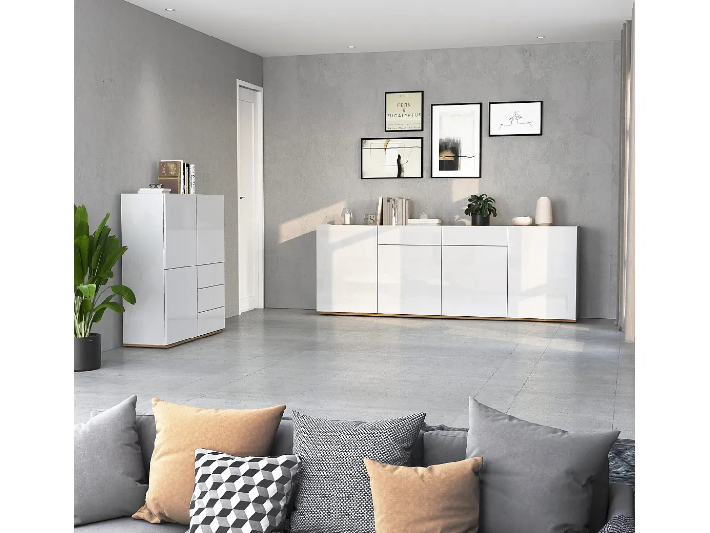 Aparador Garda con 3 puertas y 3 cajones blanco brillo y roble 102x35x110 cm