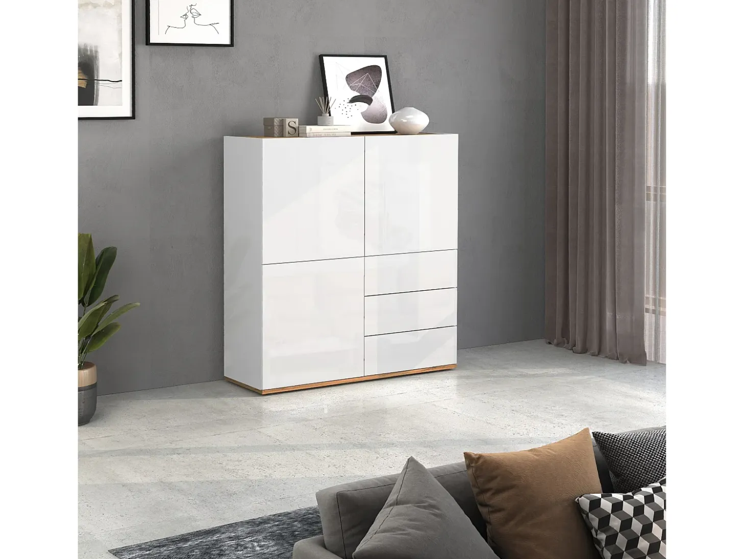 Aparador Garda con 3 puertas y 3 cajones blanco brillo y roble 102x35x110 cm