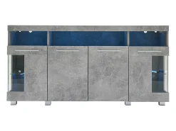 Aparador gris con luces LED, 140x40x70 cm, 4 puertas y compartimentos, para salón y comedor