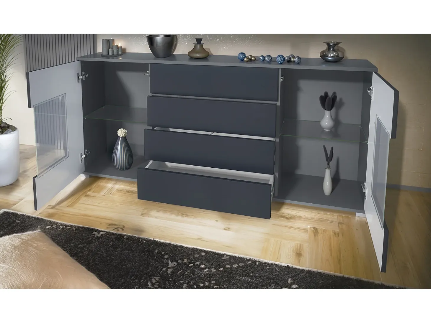 Aparador Grömitz V2 – Mueble con 2 Puertas Grandes y 4 Cajones, antracita mate/gris de alto brillo (166,5 x 75,5 x 35)