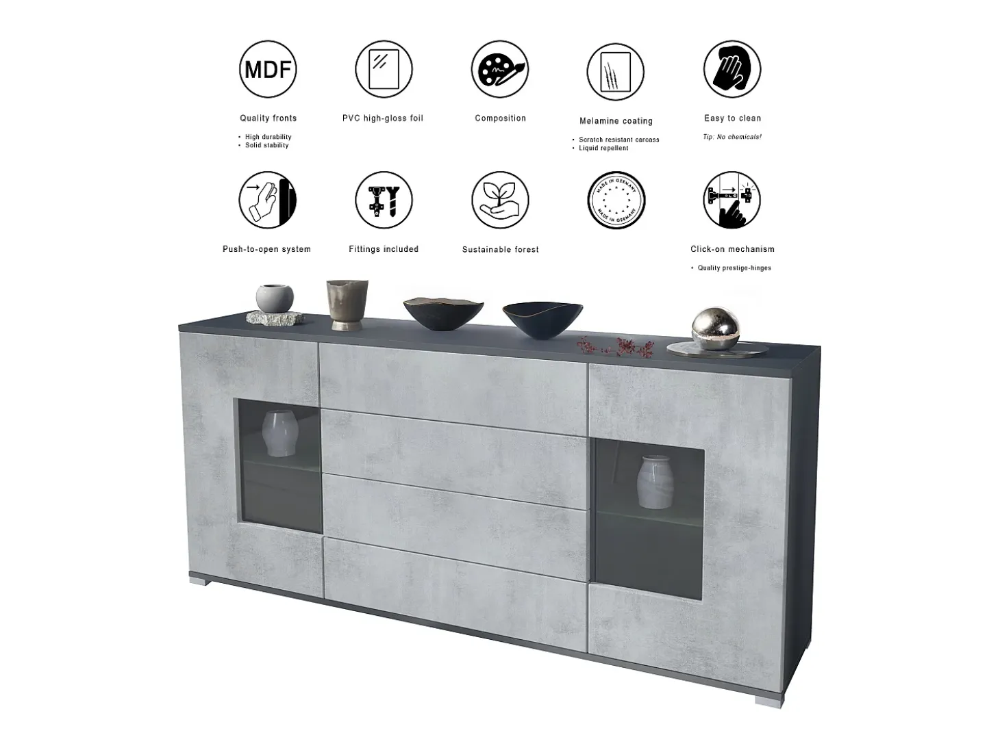 Aparador Grömitz V2 – Mueble con 2 Puertas Grandes y 4 Cajones, antracita mate/gris de alto brillo (166,5 x 75,5 x 35)