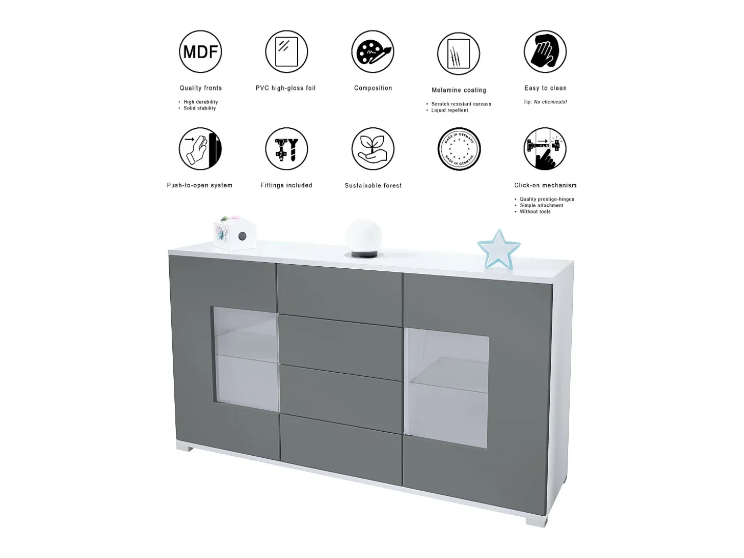 Aparador Grömitz V1 – Mueble con 2 Puertas Grandes y 4 Cajones, blanco mate/gris de alto brillo (138,5 x 75,5 x 35)