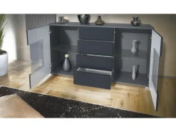 Aparador Grömitz V1 – Mueble con 2 Puertas Grandes y 4 Cajones, antracita mate/mezclilla mate (138,5 x 75,5 x 35)