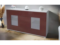 Aparador Grömitz V1 – Mueble con 2 Puertas Grandes y 4 Cajones, blanco mate/burdeos de alto brillo (138,5 x 75,5 x 35)