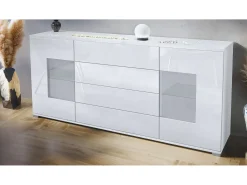 Aparador Grömitz V2 – Mueble con 2 Puertas Grandes y 4 Cajones, blanco mate/blanco de alto brillo (166,5 x 75,5 x 35)