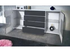 Aparador Grömitz V2 – Mueble con 2 Puertas Grandes y 4 Cajones, blanco mate/blanco de alto brillo (166,5 x 75,5 x 35)