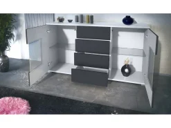 Aparador Grömitz V1 – Mueble con 2 Puertas Grandes y 4 Cajones, blanco mate/blanco de alto brillo (138,5 x 75,5 x 35)