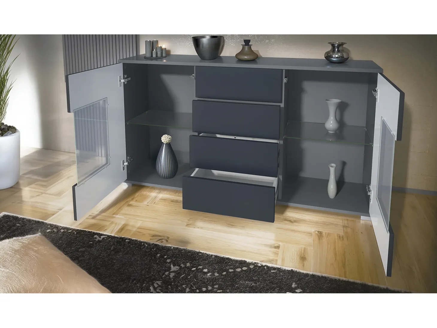 Aparador Grömitz V1 – Mueble con 2 Puertas Grandes y 4 Cajones, antracita mate/crema de alto brillo (138,5 x 75,5 x 35)