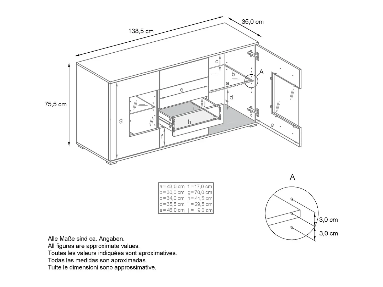 Aparador Grömitz V1 – Mueble con 2 Puertas Grandes y 4 Cajones, antracita mate/crema de alto brillo (138,5 x 75,5 x 35)
