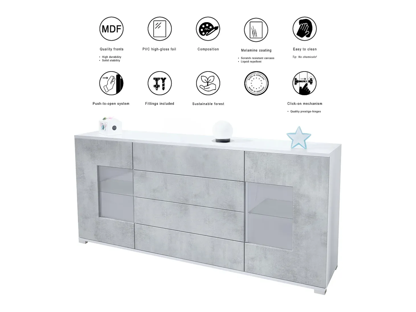 Aparador Grömitz V2 – Mueble con 2 Puertas Grandes y 4 Cajones, blanco mate/mezclilla mate (166,5 x 75,5 x 35)