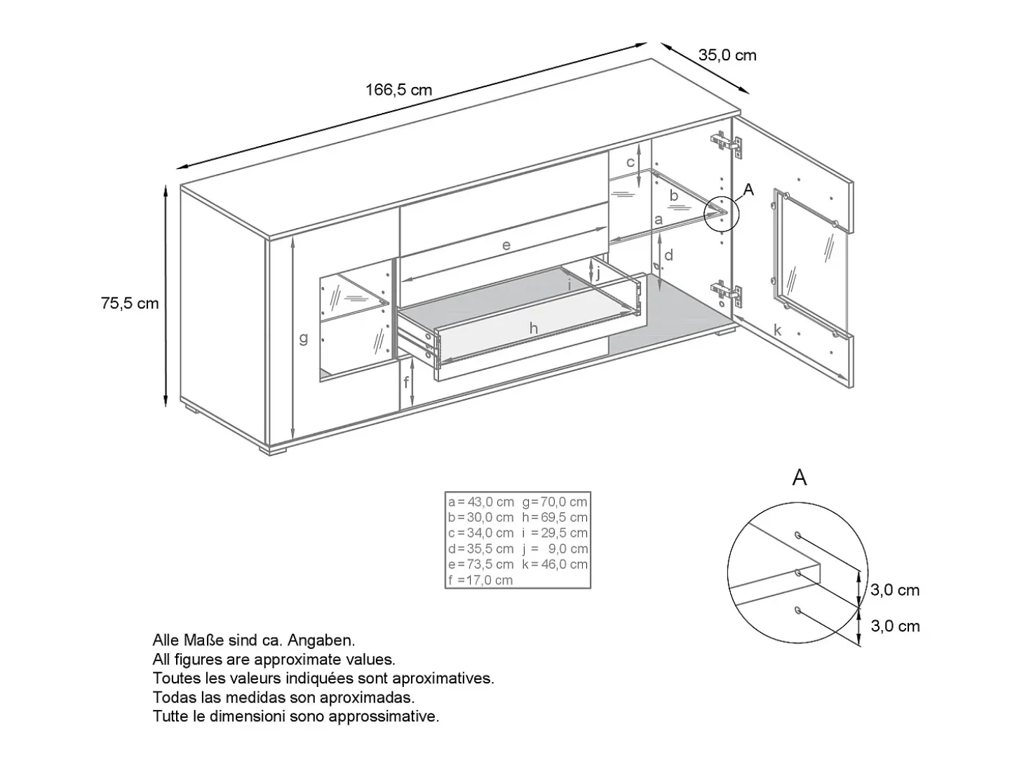 Aparador Grömitz V2 – Mueble con 2 Puertas Grandes y 4 Cajones, blanco mate/mezclilla mate (166,5 x 75,5 x 35)