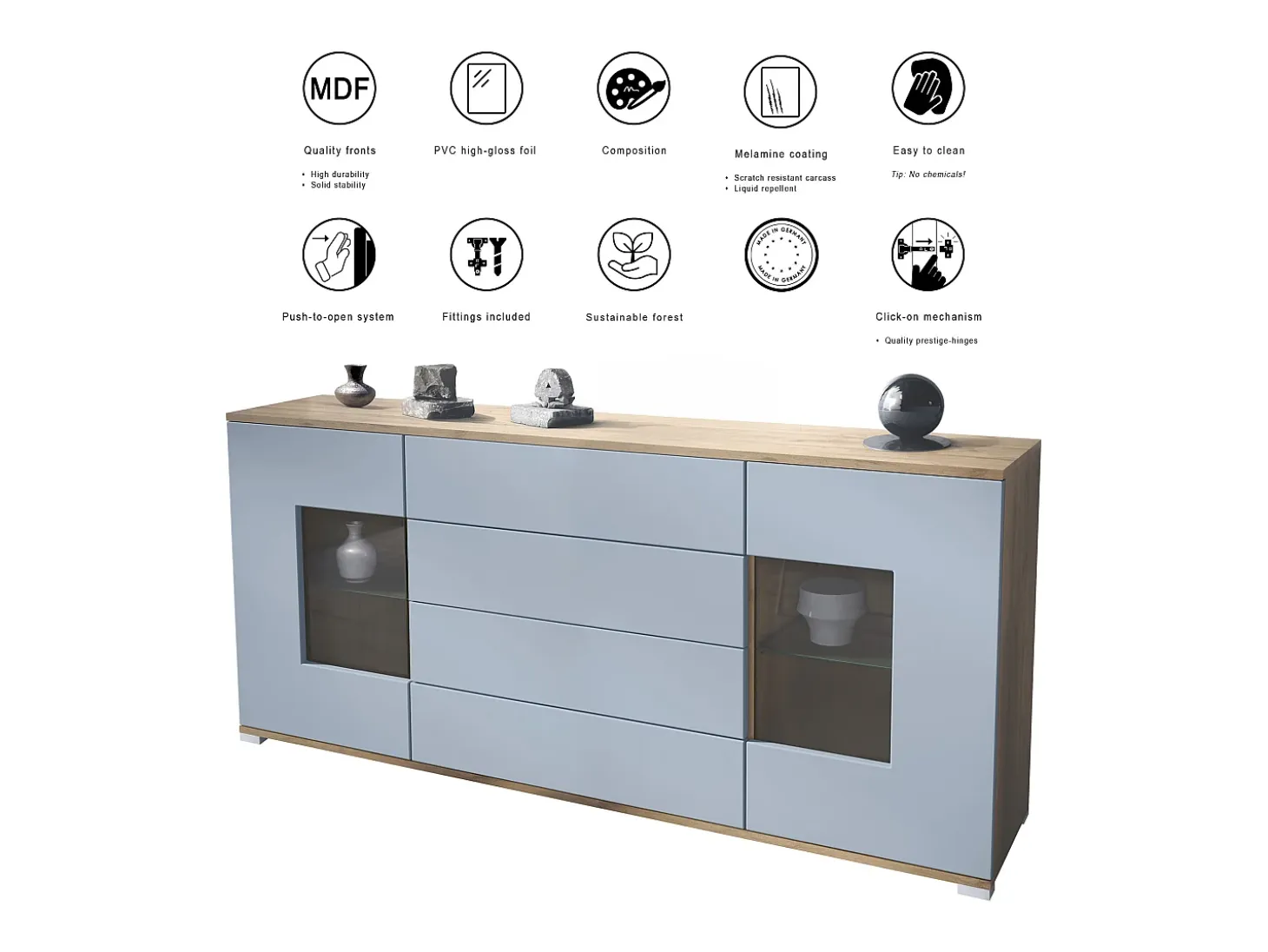 Aparador Grömitz V2 – Mueble con 2 Puertas Grandes y 4 Cajones, Roble Evoke/negro mate (166,5 x 75,5 x 35)