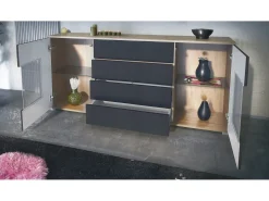 Aparador Grömitz V2 – Mueble con 2 Puertas Grandes y 4 Cajones, Roble Evoke/negro mate (166,5 x 75,5 x 35)