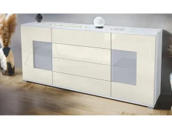 Aparador Grömitz V2 – Mueble con 2 Puertas Grandes y 4 Cajones, blanco mate/crema de alto brillo (166,5 x 75,5 x 35)
