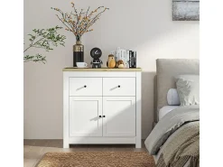 Aparador HOMCOM de 79×35×80 cm blanco, 2 cajones, 2 puertas con cierre suave, estante ajustable, moderno