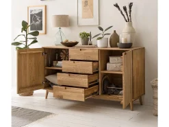 Aparador Kundy madera maciza de roble 2 puertas 4 cajones 160 cm