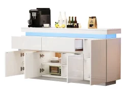 Aparador lacado alto brillo - 140 x 35 x 72,5 cm - con 2 cajones + 4 puertas + LED - tablero de partículas - blanco