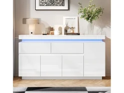 Aparador lacado alto brillo - 140 x 35 x 72,5 cm - con 2 cajones + 4 puertas + LED - tablero de partículas - blanco