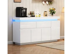 Aparador lacado alto brillo - 140 x 35 x 72,5 cm - con 2 cajones + 4 puertas + LED - tablero de partículas - blanco