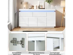 Aparador lacado alto brillo - 140 x 35 x 72,5 cm - con 2 cajones + 4 puertas + LED - tablero de partículas - blanco
