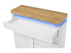 Aparador lacado alto brillo con iluminación LED, 2 puertas y 3 cajones - Acabado blanco y natural, 110 x 39 x 115 cm
