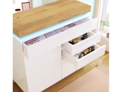 Aparador lacado alto brillo con iluminación LED, 2 puertas y 3 cajones - Acabado blanco y natural, 110 x 39 x 115 cm