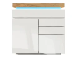 Aparador lacado alto brillo con iluminación LED, 2 puertas y 3 cajones - Acabado blanco y natural, 110 x 39 x 115 cm