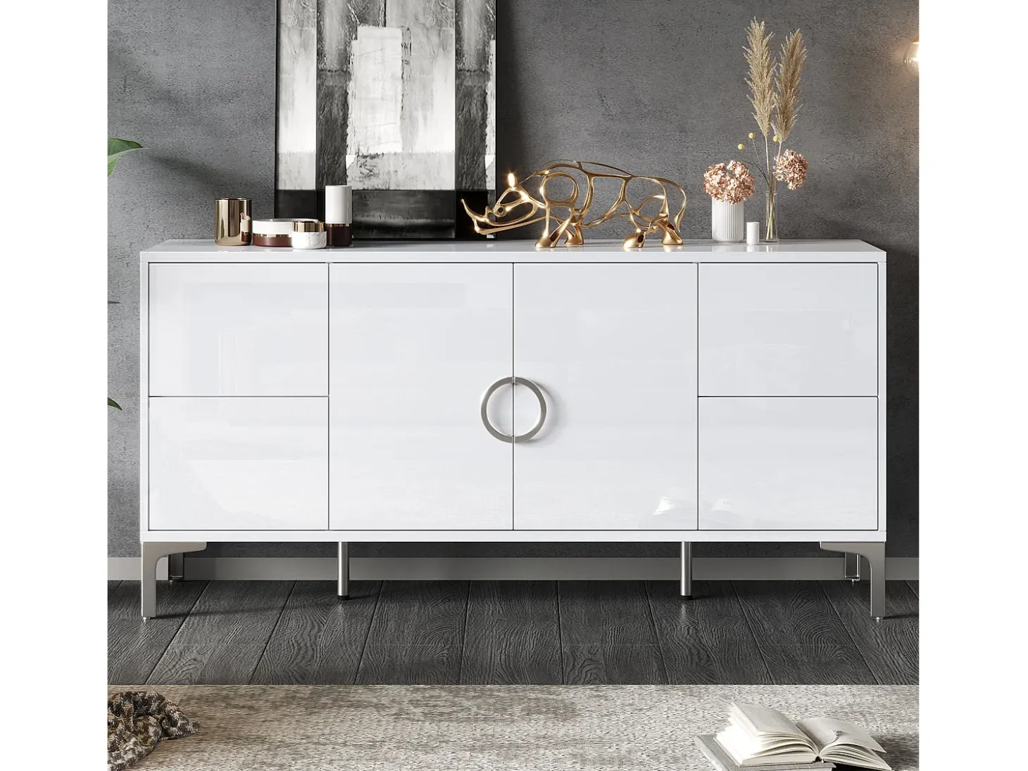Aparador lacado brillante 150x38x59,5 cm - con 4 cajones y 2 puertas - Patas de metal - MDF - Blanco