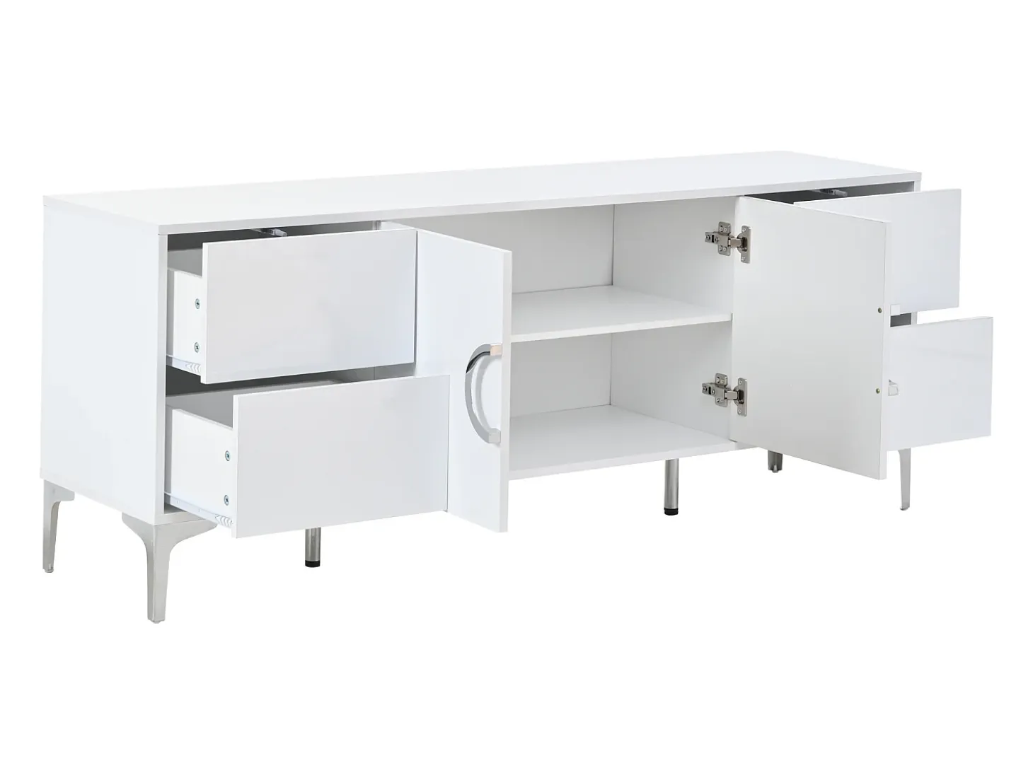 Aparador lacado brillante 150x38x59,5 cm - con 4 cajones y 2 puertas - Patas de metal - MDF - Blanco