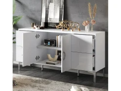 Aparador lacado brillante 150x38x59,5 cm - con 4 cajones y 2 puertas - Patas de metal - MDF - Blanco