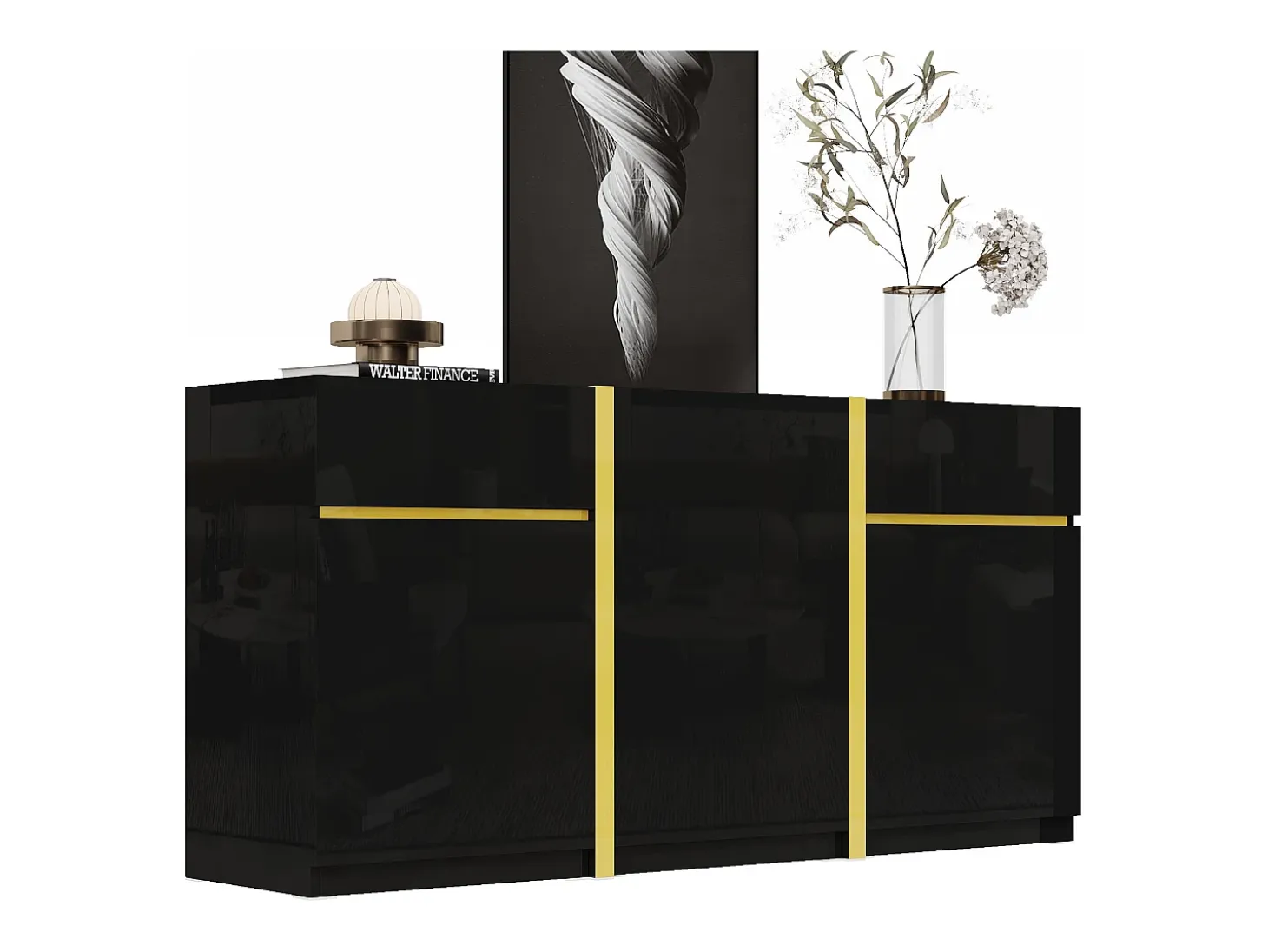 Aparador laqueado brillante 160x40x78 cm - Mueble de almacenamiento moderno - 3 puertas y 2 cajones - MDF - Negro