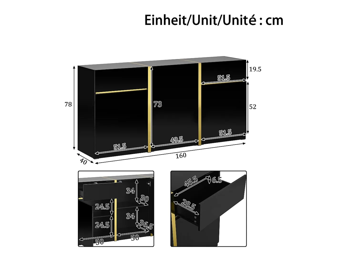 Aparador laqueado brillante 160x40x78 cm - Mueble de almacenamiento moderno - 3 puertas y 2 cajones - MDF - Negro