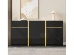 Aparador laqueado brillante 160x40x78 cm - Mueble de almacenamiento moderno - 3 puertas y 2 cajones - MDF - Negro
