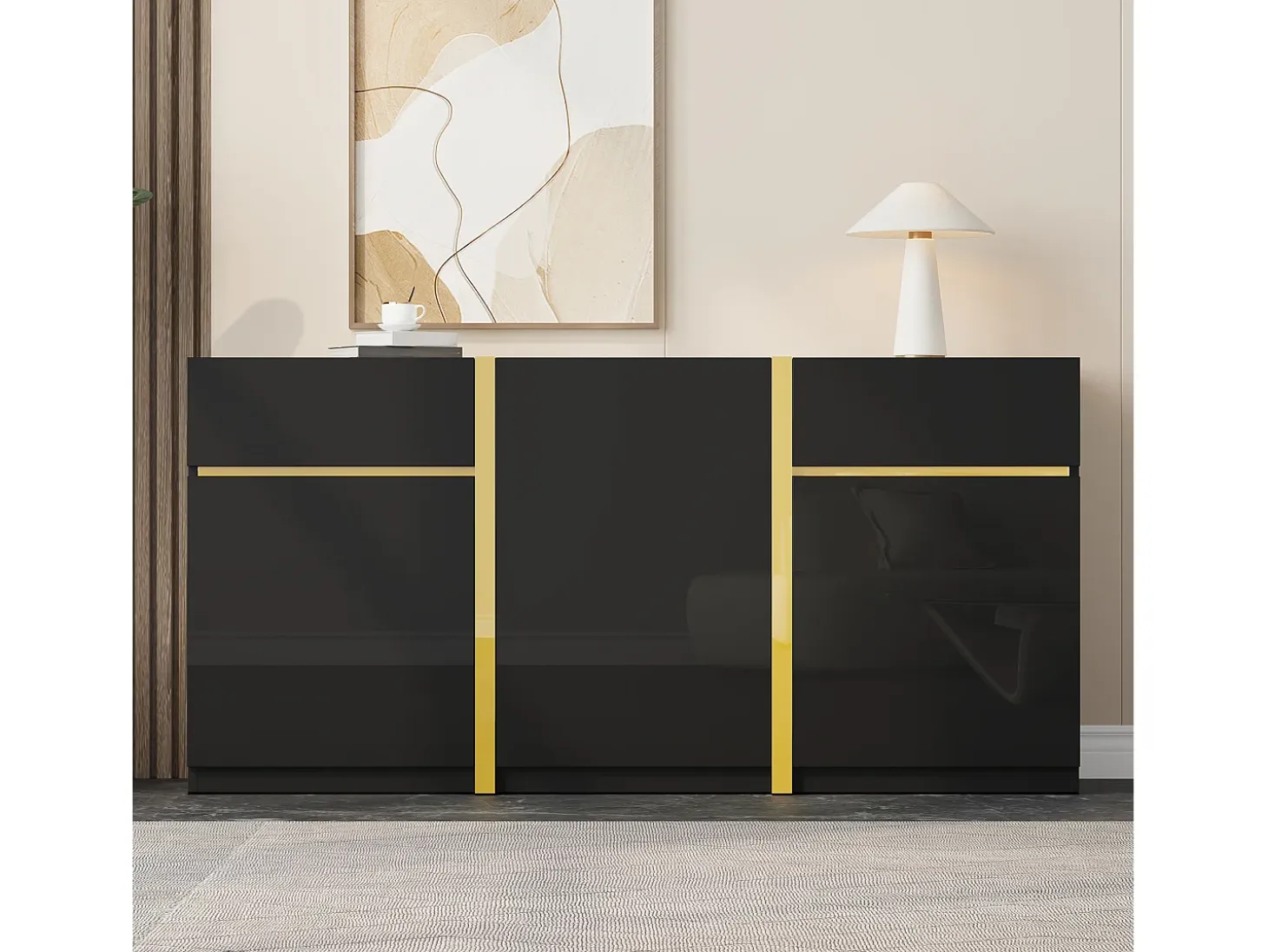 Aparador laqueado brillante 160x40x78 cm - Mueble de almacenamiento moderno - 3 puertas y 2 cajones - MDF - Negro