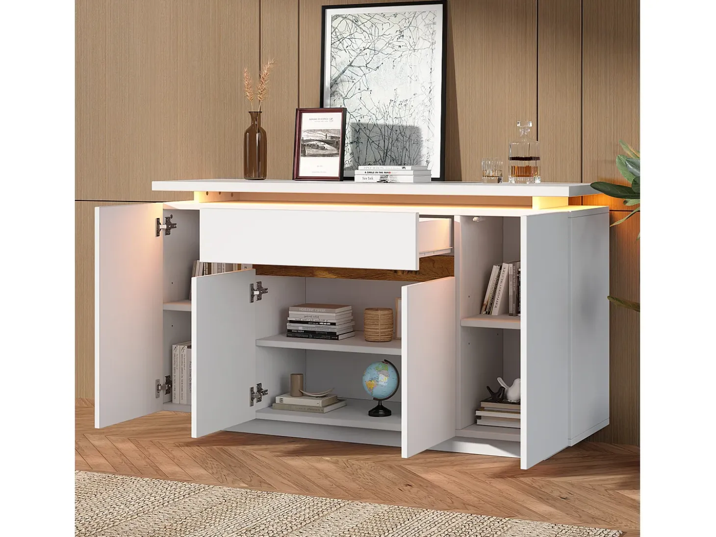 Aparador LED blanco con cajón y 4 puertas, 140x40x80 cm