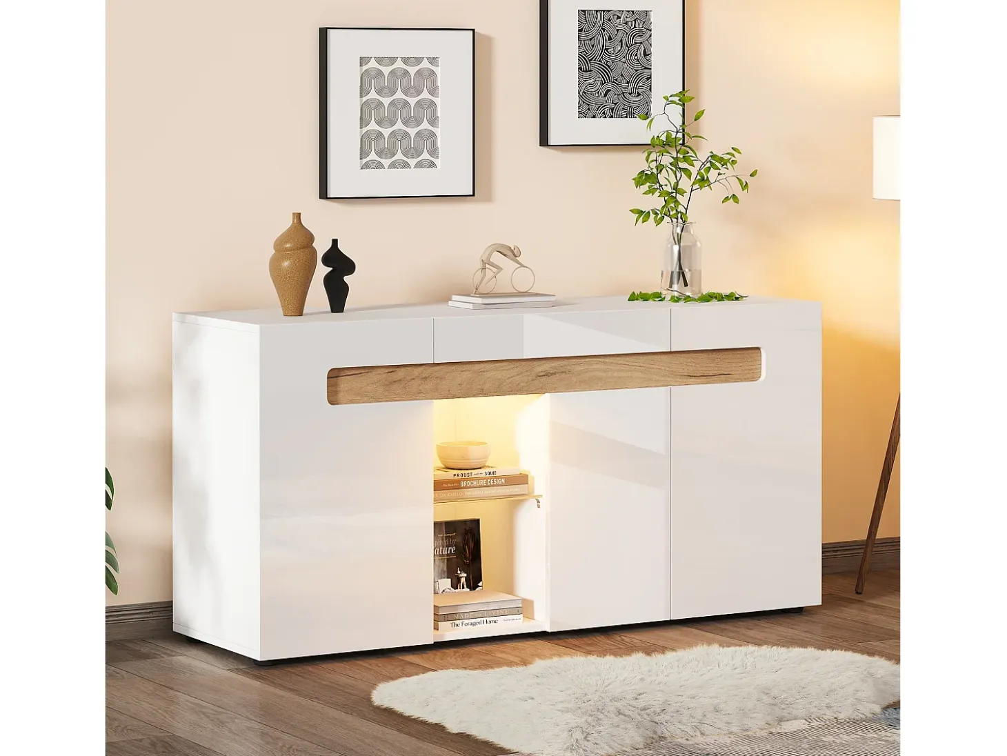 Aparador LED con 3 puertas y 1 estante de vidrio – Blanco y madera natural