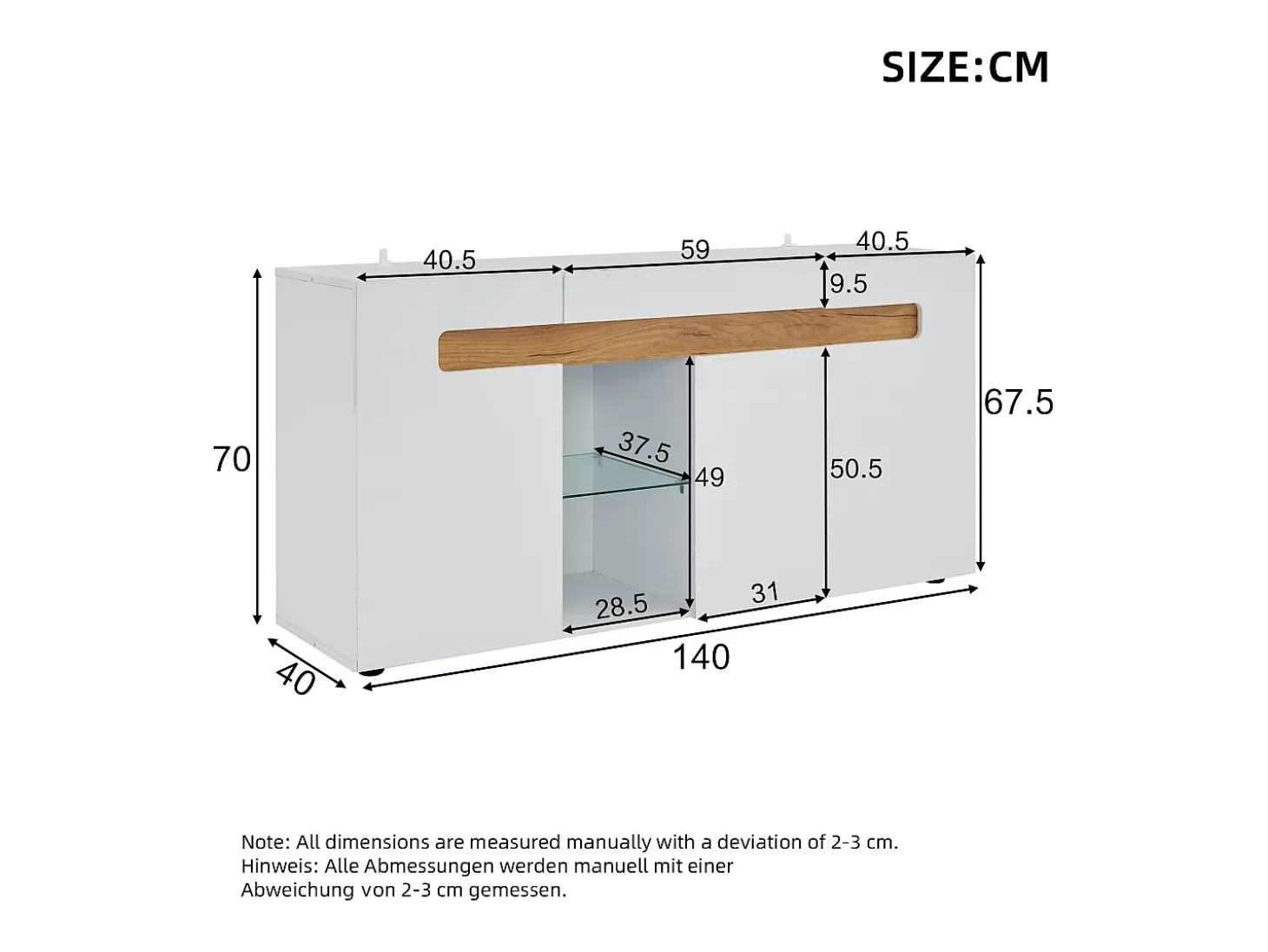 Aparador LED con 3 puertas y 1 estante de vidrio – Blanco y madera natural