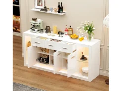 Aparador LED con estantes regulables, 3 cajones y 3 puertas - Acabado blanco brillo
