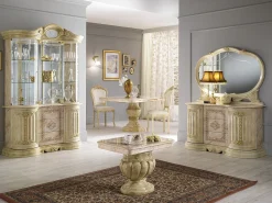 Aparador Lesly de 134 cm con 2 puertas y 3 cajones en madera lacada brillante con efecto mármol beige ónix y dorado