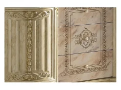 Aparador Lesly de 134 cm con 2 puertas y 3 cajones en madera lacada brillante con efecto mármol beige ónix y dorado