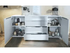 Aparador Linio V2 – Mueble moderno con 2 puertas y 4 cajones, blanco mate/gris de alto brillo, 166,5 x 75,5 x 35 cm (An x Al x P) – Mueble auxiliar buffet armario