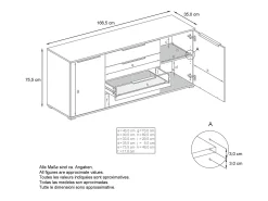Aparador Linio V2 – Mueble moderno con 2 puertas y 4 cajones, Roble Evoke/negro de alto brillo, 166,5 x 75,5 x 35 cm (An x Al x P) – Mueble auxiliar buffet armario