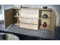 Aparador Linio V2 – Mueble moderno con 2 puertas y 4 cajones, Roble Evoke/negro de alto brillo, 166,5 x 75,5 x 35 cm (An x Al x P) – Mueble auxiliar buffet armario