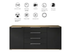 Aparador Linio V2 – Mueble moderno con 2 puertas y 4 cajones, Roble Evoke/antracita mate, 166,5 x 75,5 x 35 cm (An x Al x P) – Mueble auxiliar buffet armario