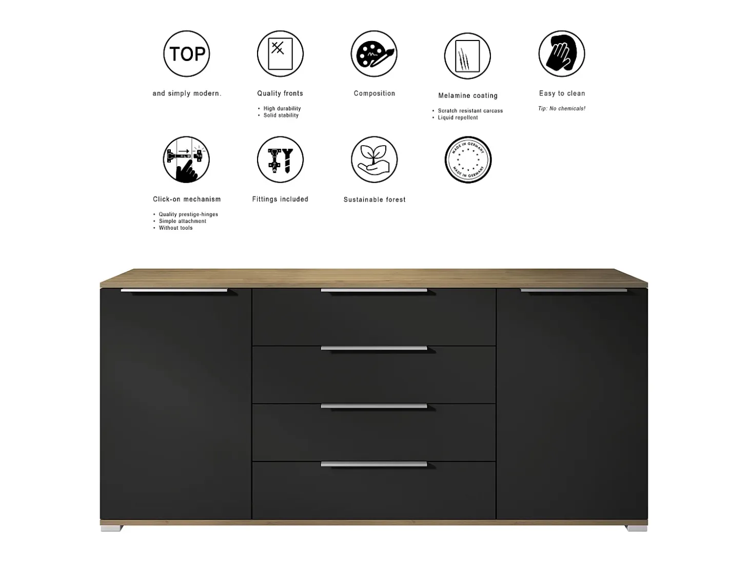 Aparador Linio V2 – Mueble moderno con 2 puertas y 4 cajones, Roble Evoke/antracita mate, 166,5 x 75,5 x 35 cm (An x Al x P) – Mueble auxiliar buffet armario