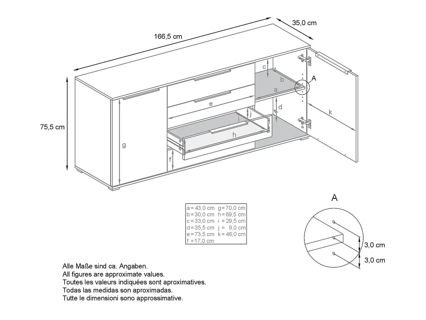 Aparador Linio V2 – Mueble moderno con 2 puertas y 4 cajones, Roble Evoke/antracita mate, 166,5 x 75,5 x 35 cm (An x Al x P) – Mueble auxiliar buffet armario