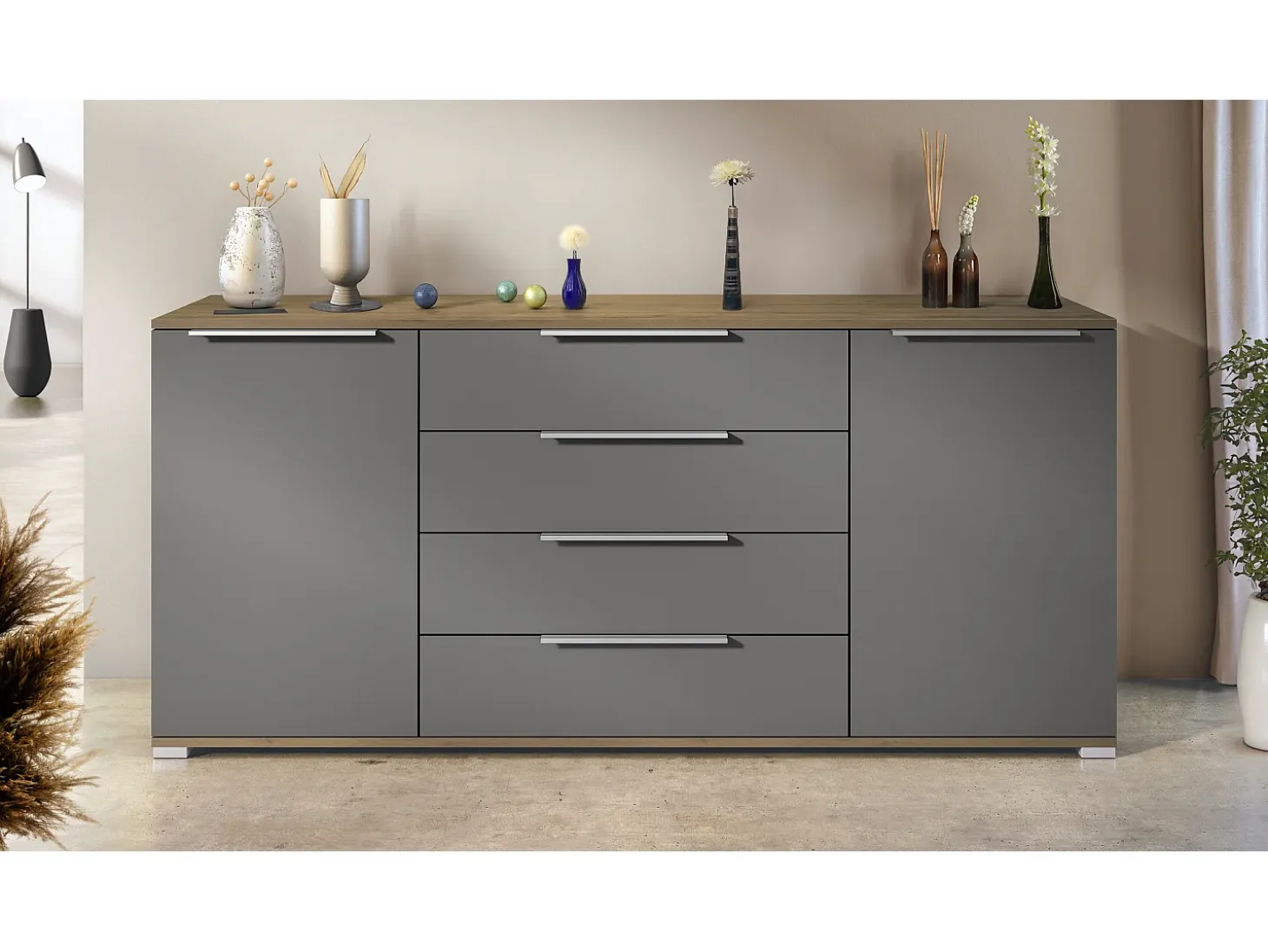 Aparador Linio V2 – Mueble moderno con 2 puertas y 4 cajones, Roble Evoke/antracita mate, 166,5 x 75,5 x 35 cm (An x Al x P) – Mueble auxiliar buffet armario