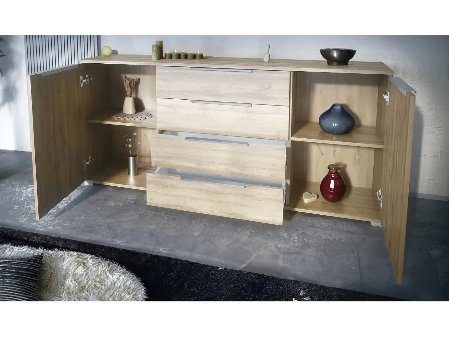 Aparador Linio V2 – Mueble moderno con 2 puertas y 4 cajones, Roble Evoke/antracita mate, 166,5 x 75,5 x 35 cm (An x Al x P) – Mueble auxiliar buffet armario