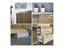 Aparador Linio V1, Mueble con 2 puertas y 4 cajones, Roble Evoke / blanco de alto brillo (138,5 x 75,5 x 35 cm)