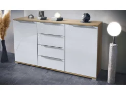 Aparador Linio V1, Mueble con 2 puertas y 4 cajones, Roble Evoke / blanco de alto brillo (138,5 x 75,5 x 35 cm)